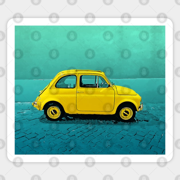 Classic yellow Fiat 500 on an aqua street Sticker by CACreative